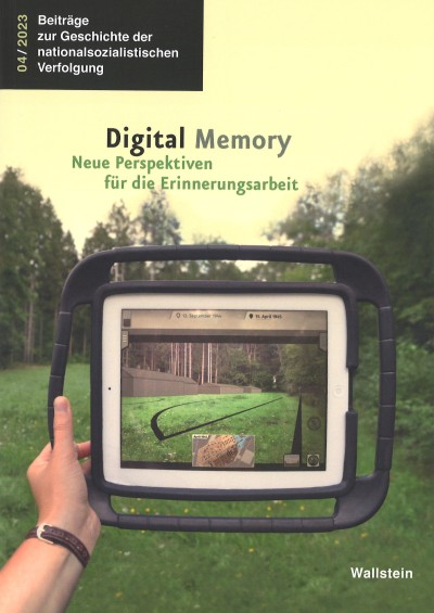 Digital Memory book cover with AR view: Hand holding tablet showing augmented reality view of green landscape with trees and black markings