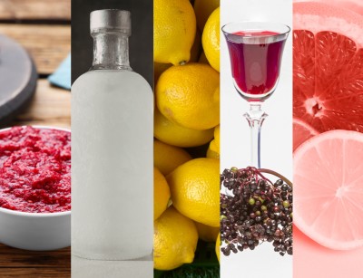 : Fünf nebeneinander angeordnete Bilder zeigen von links nach rechts: eine Schale mit rotem Fruchtmus, eine durchsichtige Flasche mit klarem Inhalt, eine Gruppe gelber Zitronen, ein Glas mit rotem Getränk vor Holunderbeeren und eine Nahaufnahme von halbierten Grapefruits.