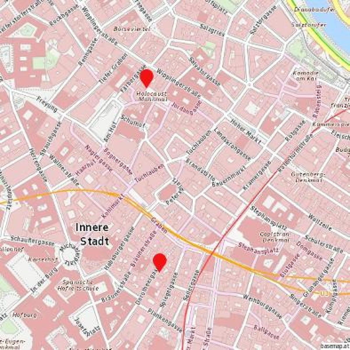Map showing Holocaust Memorial and Dorotheergasse: Map of central Vienna with two red markers, one at the Holocaust Memorial and one at Dorotheergasse
