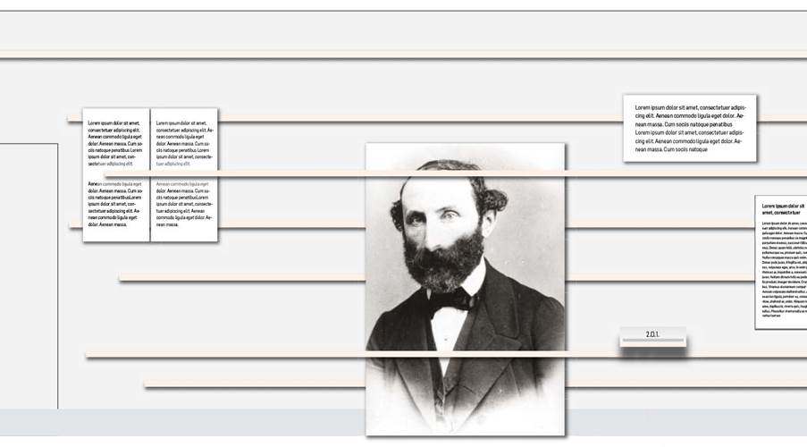Black and white portrait of a bearded man in suit and bow tie, surrounded by explanatory text boxes on light gray background.