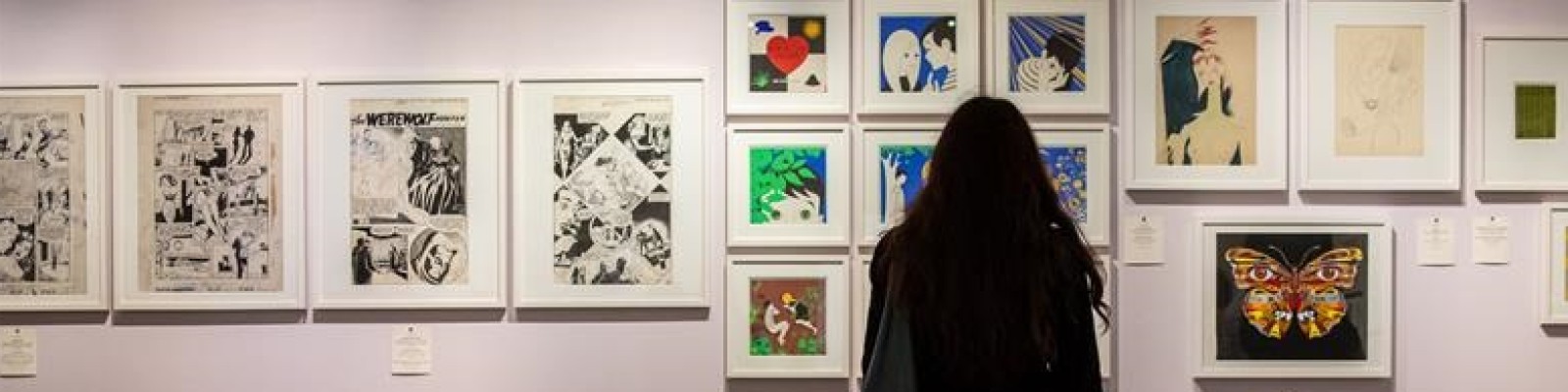 Person mit langen dunklen Haaren betrachtet eine Wand mit gerahmten Kunstwerken in einer Galerie, darunter ein Schmetterlingsbild